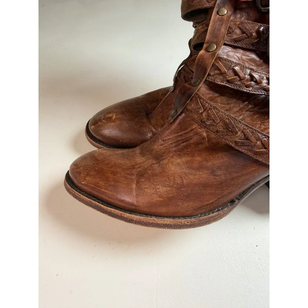 Bed Stu Glaye‎ Ankle Boots Womens Brown Size 8 Braided Triple Buckle Leather